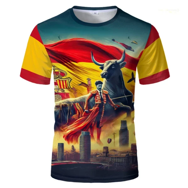 Spanish Bullfight T-shirt For Men 3D Print Flag Outdoor Sport Football Jersey 2025 Summer Trend New Breathable Fitness Tee Top