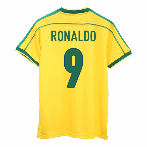 573089_1 Brazil RONALDO #9 ホーム サッカーユニフォーム Retro 1998